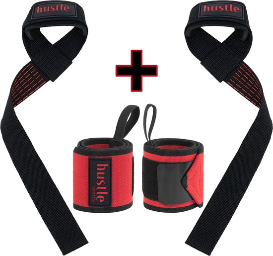 hustle Zwarte met rode Lifting Straps en Wrist Wraps Bundel/Set