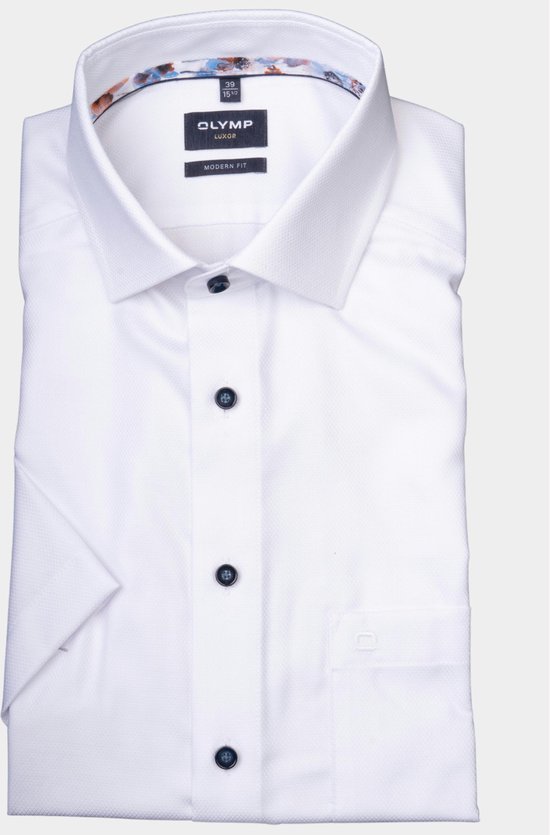 OLYMP modern fit overhemd - korte mouw - structuur - wit (contrast) - Strijkvrij - Boordmaat: 42