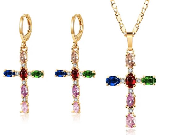 Kruis ketting - kruisje oorbellen - religieus - multikleur & goudkleurig - sieraden set - cadeau voor vrouw - Liefs Jade