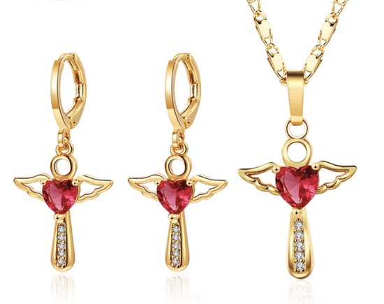 Kruis ketting - kruisje oorbellen - engel - rood & goudkleurig - sieraden set - cadeau voor vrouw - Liefs Jade