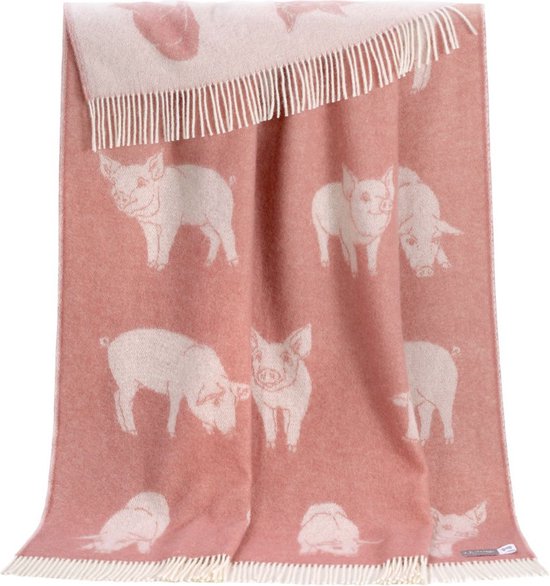 Wollen Plaid - VARKENTJE (Roze) 80% Nieuw Zeelandse Wol - 20% Katoen - Deken Dierenprint - JJ Textile