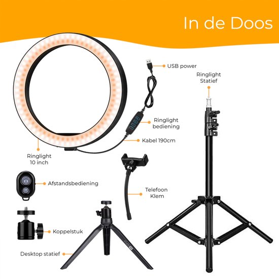 Studio ME - Ringlamp Zwarte XL - 26cm/ 10 inch - Verstelbaar Statief - INCL Mini Tripod - USB Bureau Ringlight - Telefoonhouder - Bluetooth Afstandsbediening