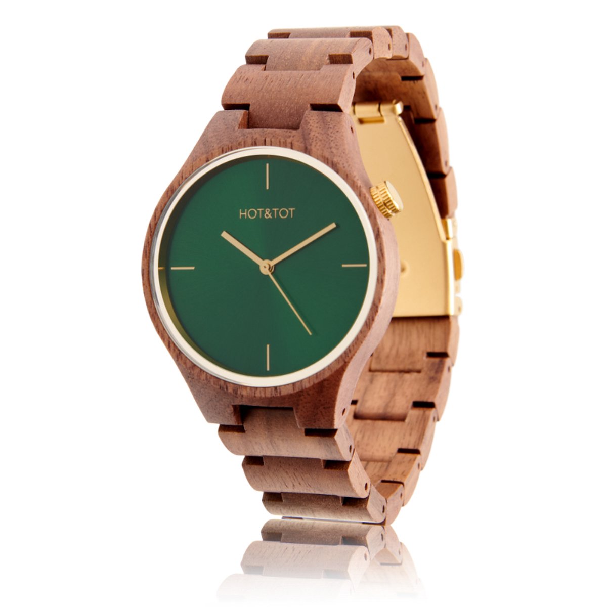 HOTTOT | Silva - Houten horloge voor dames - heren - 40mm - Notenhout (walnoot) - Groen - Goud