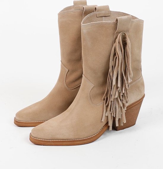 Sacha - Dames - Beige cowboylaarzen met hak en franjes - Maat 36 | bol
