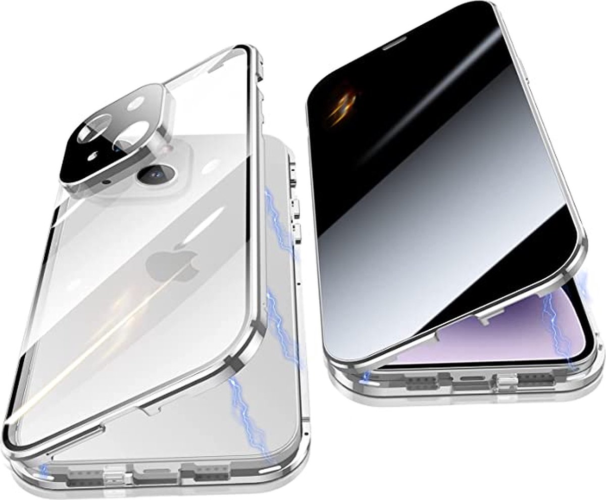 Fiquesa Autri® - Iphone 14 hoesje - silver - privacy scherm - Dubbelzijdig glas protector - metalen bumper