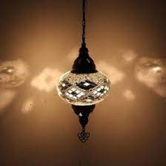 Hanglamp - Mozaïek Lamp - Oosterse Lamp - Turkse Lamp - Marokkaanse Lamp - Ø 13 cm - Hoogte 53 cm - Handgemaakt - Authentiek - Wit