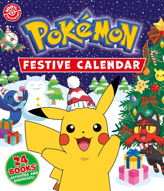 Pokémon Feestelijke Kalender met Pikachu, Popplio, Litten, Rowlet en een sneeuwpop.