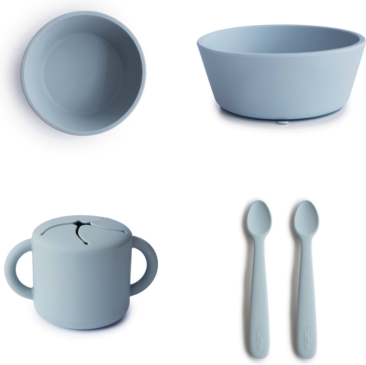 Mushie Dinner Set | Silicone Bowl, Snack Cup and Spoons set | Powder Blue | Silicone Kinderservies Set | Mushie Diner Set Silicone Kom, Snack cup en 2 Lepels | Lichtblauw