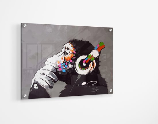 Banksy DJ Monkey Thinker with Headphones - Denkende Aap met Koptelefoon - Acrylglas Perspex Plexiglas Print