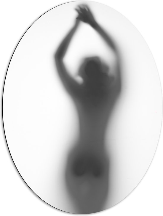 Dibond Ovaal - Silhouet van Vrouwenlichaam achter Wazige Wand - 72x96 cm Foto op Ovaal (Met Ophangsysteem)