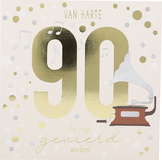 Depesche - Cijferkaart met muziek, vierkant met de tekst "90 - Van harte - Dit moet gevierd worden!" - mot. 056