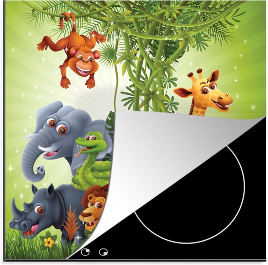 KitchenYeah® Inductie beschermer 78x78 cm - Jungle dieren - Planten - Kinderen - Olifant - Giraf - Leeuw - Kookplaataccessoires - Afdekplaat voor kookplaat - Inductiebeschermer - Inductiemat - Inductieplaat mat