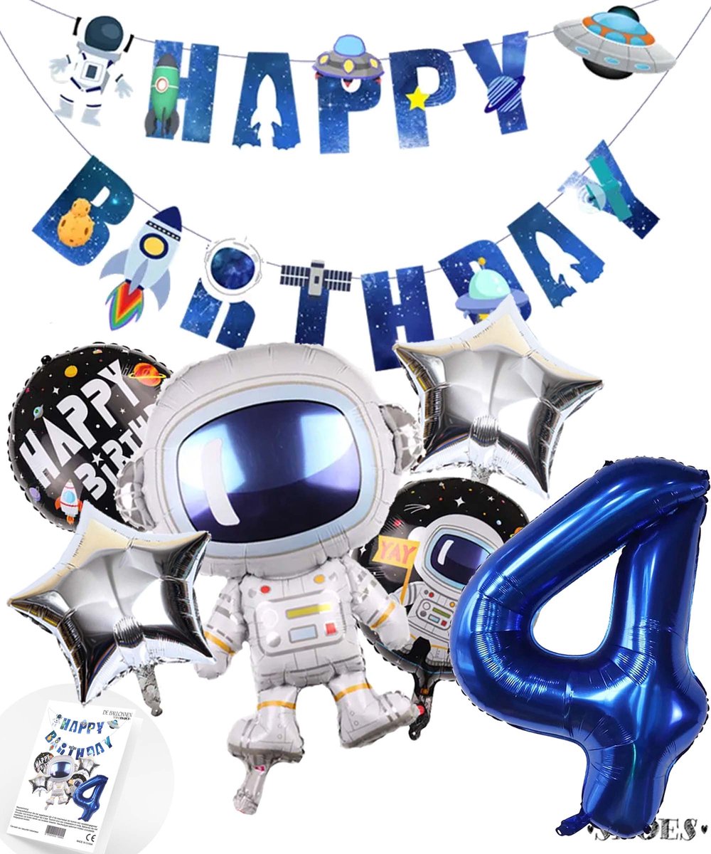 Ruimte Verjaardagsset Voor 4-jarige Jongen – Extra Grote Astronaut- En Raketballonnen, Banner, Taartdecoratie, Latexballonnen En Stickers – Complete Feestdecoratie Voor Een Ruimtefeest