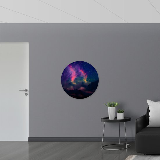 Dibond Muurcirkel - Roze en Geel Licht in de Melkweg - 80x80 cm Foto op Aluminium Muurcirkel (met ophangsysteem)