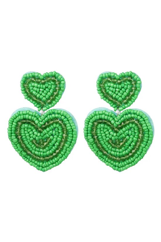 Beaded heart groen oorbellen - beaded - kralen - statement - oorbellen - earrings - green- groen - heart - waterproof - stainless steel - nikkel vrij - gold plated - party