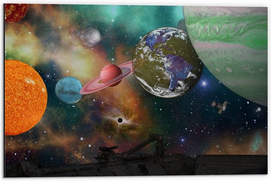 Dibond - Alle Planeten van het Universum vanaf Ruimteschip - 60x40 cm Foto op Aluminium (Met Ophangsysteem)