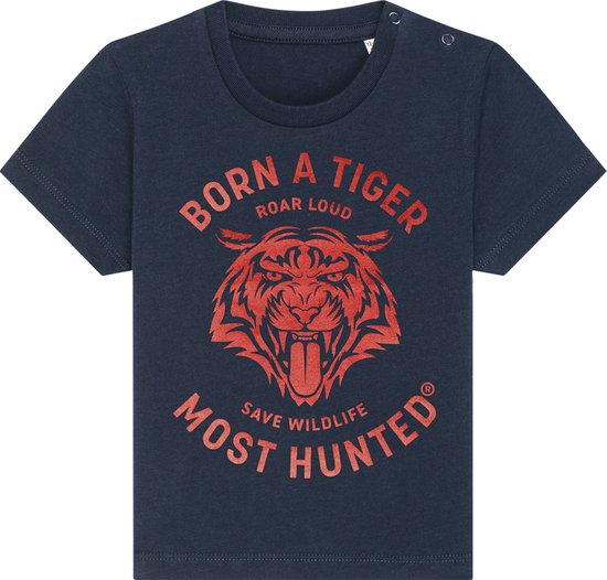 Most Hunted - baby t-shirt - tijger - navy - glanzend rood - maat 12-18 maanden