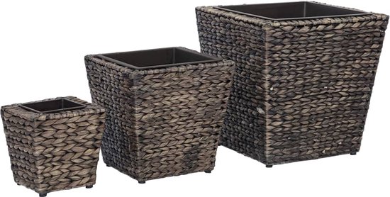 KitchenCraft Indoor Water Hyacinth Plant Pot (Set of 2), Natural Woven Plant Pot with Striped Design, 11.5 x 11.5 x 11 cm