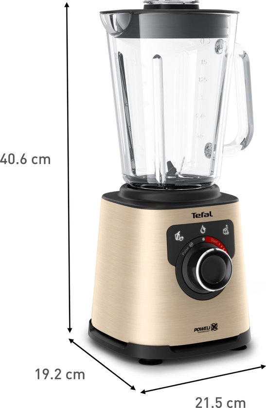 Gouden Tefal blender met afmetingen 40.6 cm hoog, 21.5 cm breed, 19.2 cm diep.