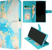 Cityhoesje bookcase geschikt voor Samsung S23 Plus- Print Marmer Blauw – Pasjeshouder