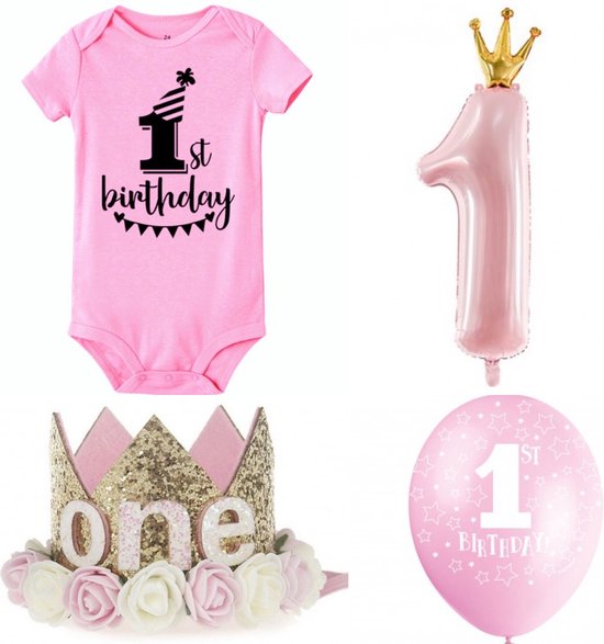 Foto: 9 delige first birthday cakesmash set roze met romper hoedje en ballonnen eerste 1 verjaardag romper one decoratie ballon