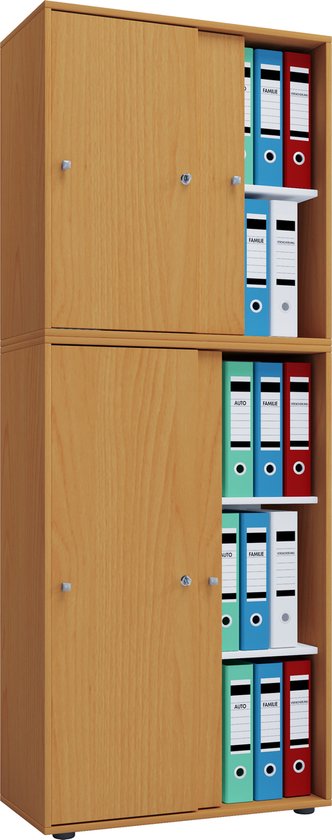 Houten kast met twee schuifdeuren per sectie, gevuld met ordners in groen, blauw en rood.