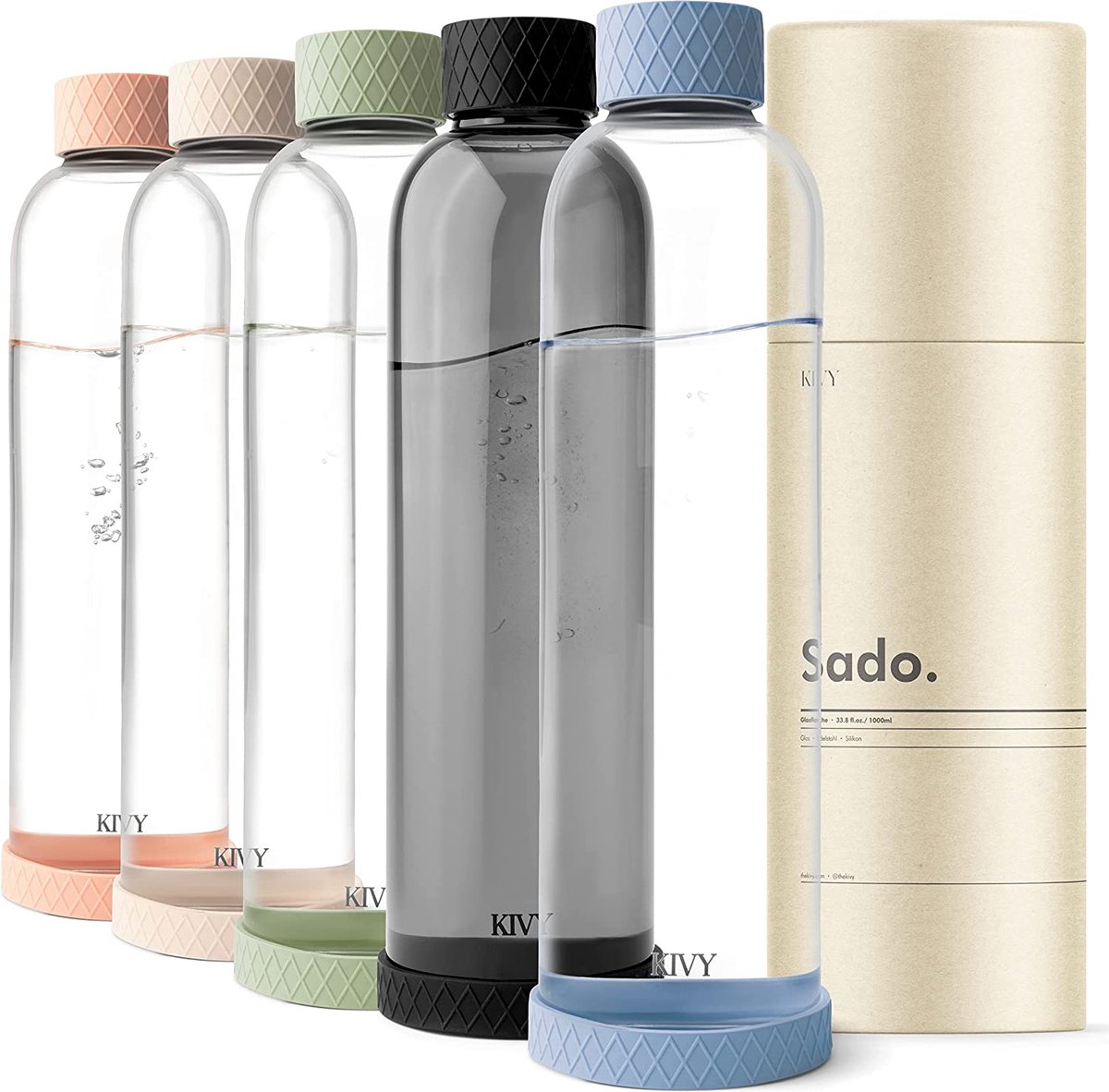 Glazen fles 1 liter met siliconen bescherming [uiterst onbreekbaar]  drinkfles glas 1 l... | bol