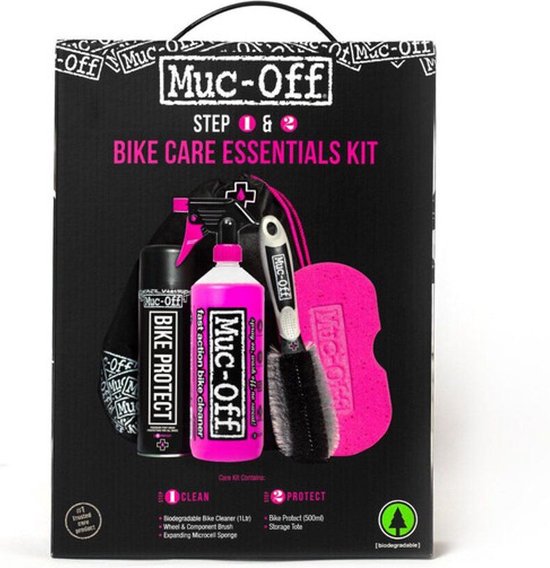 Zwarte verpakking met de tekst 'Muc-Off Bike Care Essentials Kit' en afbeeldingen van de producten.