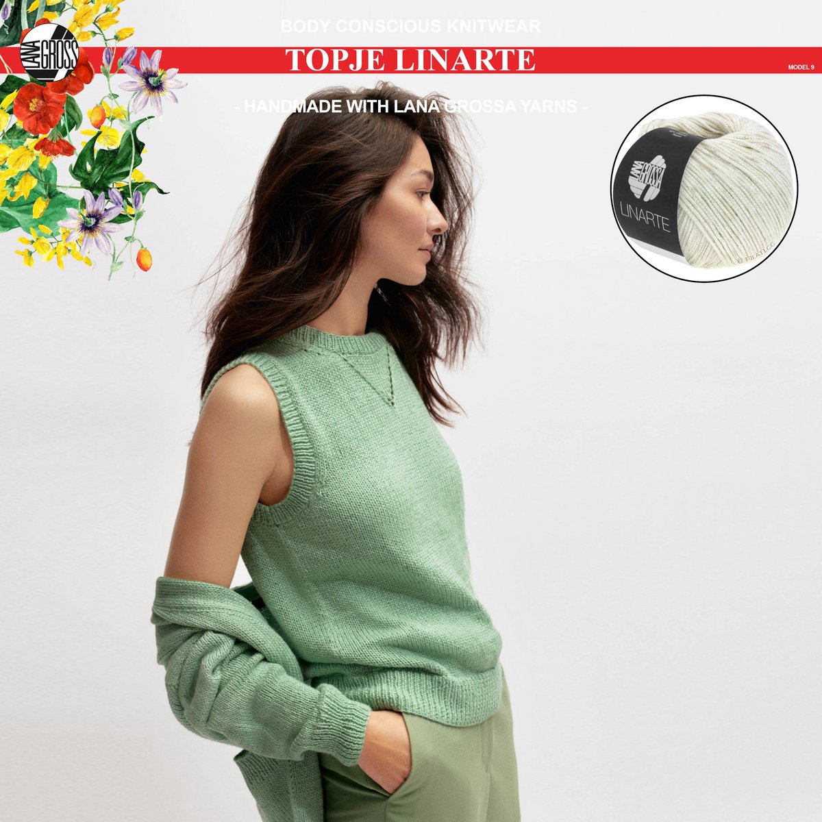 Breipakket top mt. 36/38 met Linarte garen model 9 van Lana Grossa Classici 24-kleur wit