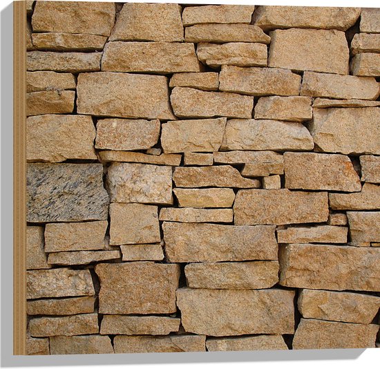 Hout - Muur van Opgestapelde Beige Stenen - 50x50 cm - 9 mm dik - Foto op Hout (Met Ophangsysteem)