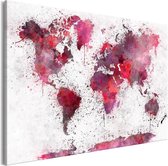 Schilderij - Wereldkaart , Wereld in Rode Waterverfkleuren