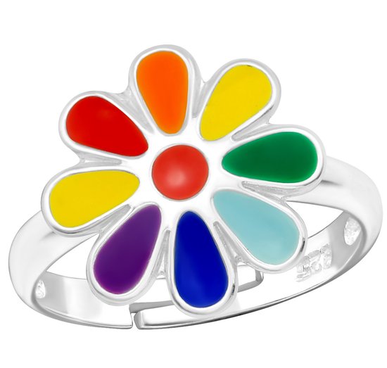 Joy|S - Zilveren bloem ring - verstelbaar - multicolor - voor kinderen