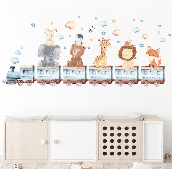 Stickerkamer® - Muursticker chambre d'enfant - Muursticker chambre bébé - Animaux de train - Bêtes - Garçon - Fille - Etoiles - Décoration murale - Animaux de la forêt - Jungle