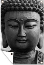 Tuinposter - Tuindoek - Tuinposters buiten - Boeddha - Grijs - Spiritualiteit - Buddha beeld - Religie - 80x120 cm - Tuin