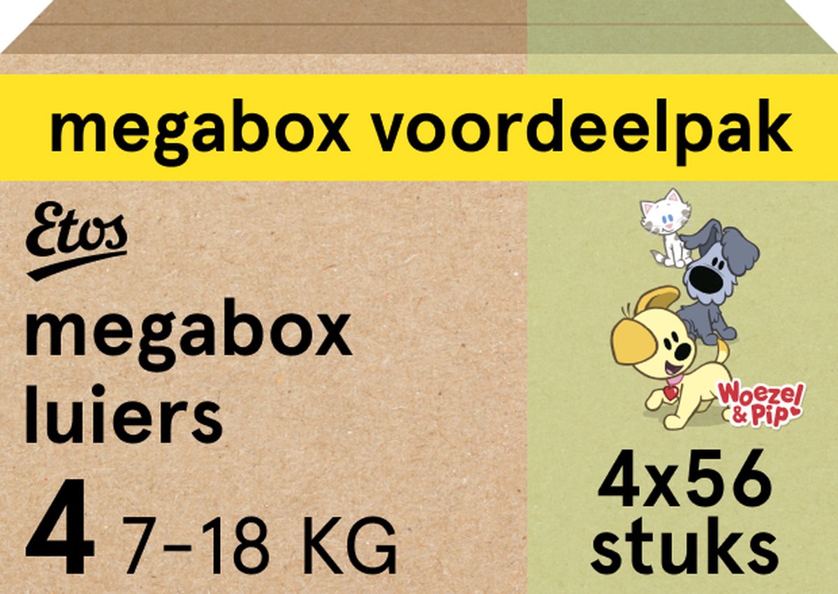 Etos Luiers - Woezel & Pip - Maat 4 - 7 tot 18kg - Megabox Voordeelpak - 224 stuks - Etos