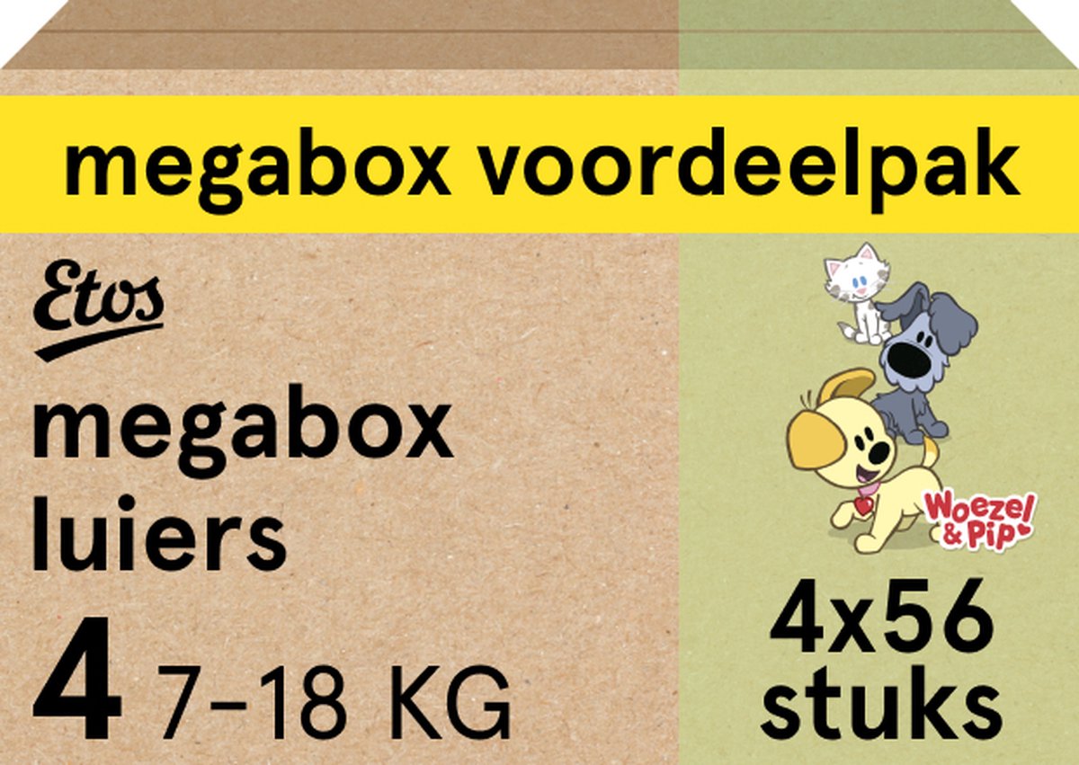Goedkoopste Etos Luiers - Woezel & Pip - Maat 4 - 7 tot 18kg - Megabox Voordeelpak - 224 stuks