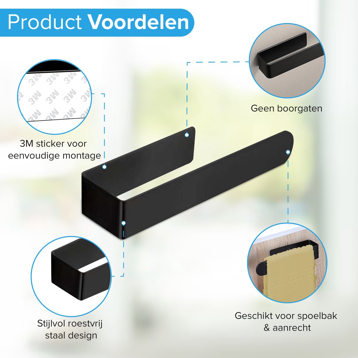 HGMD Vaatdoekhouder - Aanrecht organiser - Gootsteen organizer - Zwart - Zelfklevend - RVS - Inclusief 3M plaksticker — afbeelding 7
