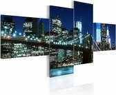 Schilderij - Brooklyn Bridge bij nacht, New York , blauw , brug , 4 luik