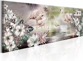 Schilderij - Flamingos en Bloemen