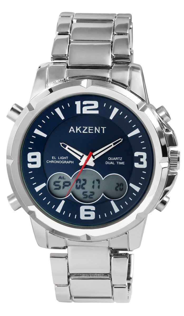 Akzent - Herenhorloge met RVS Band - Analoog en digitaal - Blauw-zilverkleurig