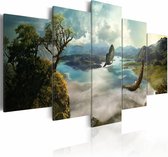 Schilderij - Valken Vlucht, blauw/groen, print op canvas, wanddecoratie, 5luik