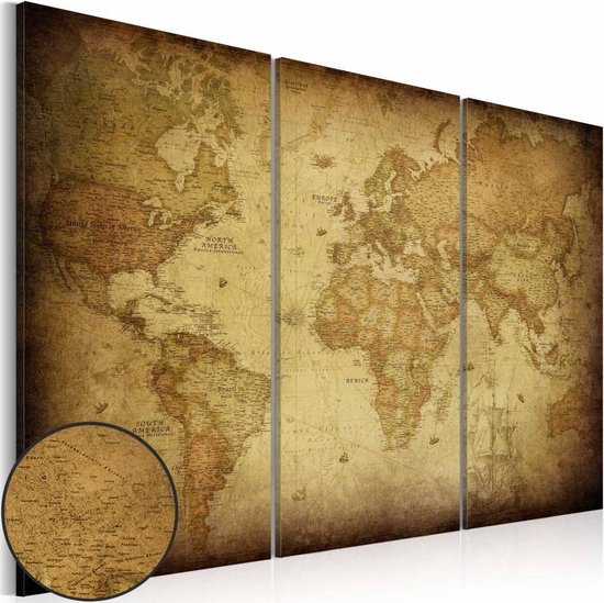 Schilderij - Wereldkaart - Oude Wereld, 3luik beige bruin , wanddecoratie , premium... | bol.com