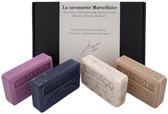 Zeep brievenbuscadeau savon de marseille: Monoi, kokosmelk scrub, sandelhout, Belle de Nuit - moederdag pakket