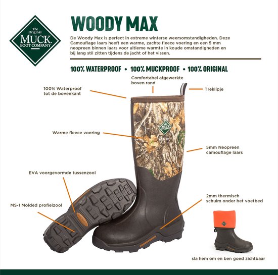 Woody Max laars met camouflageprint en pijlen naar productkenmerken zoals 100% waterdicht en neopreen voering.