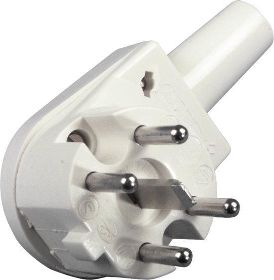Witte haakse Perilex stekker met vier metalen pinnen en een grijze aarde pin.