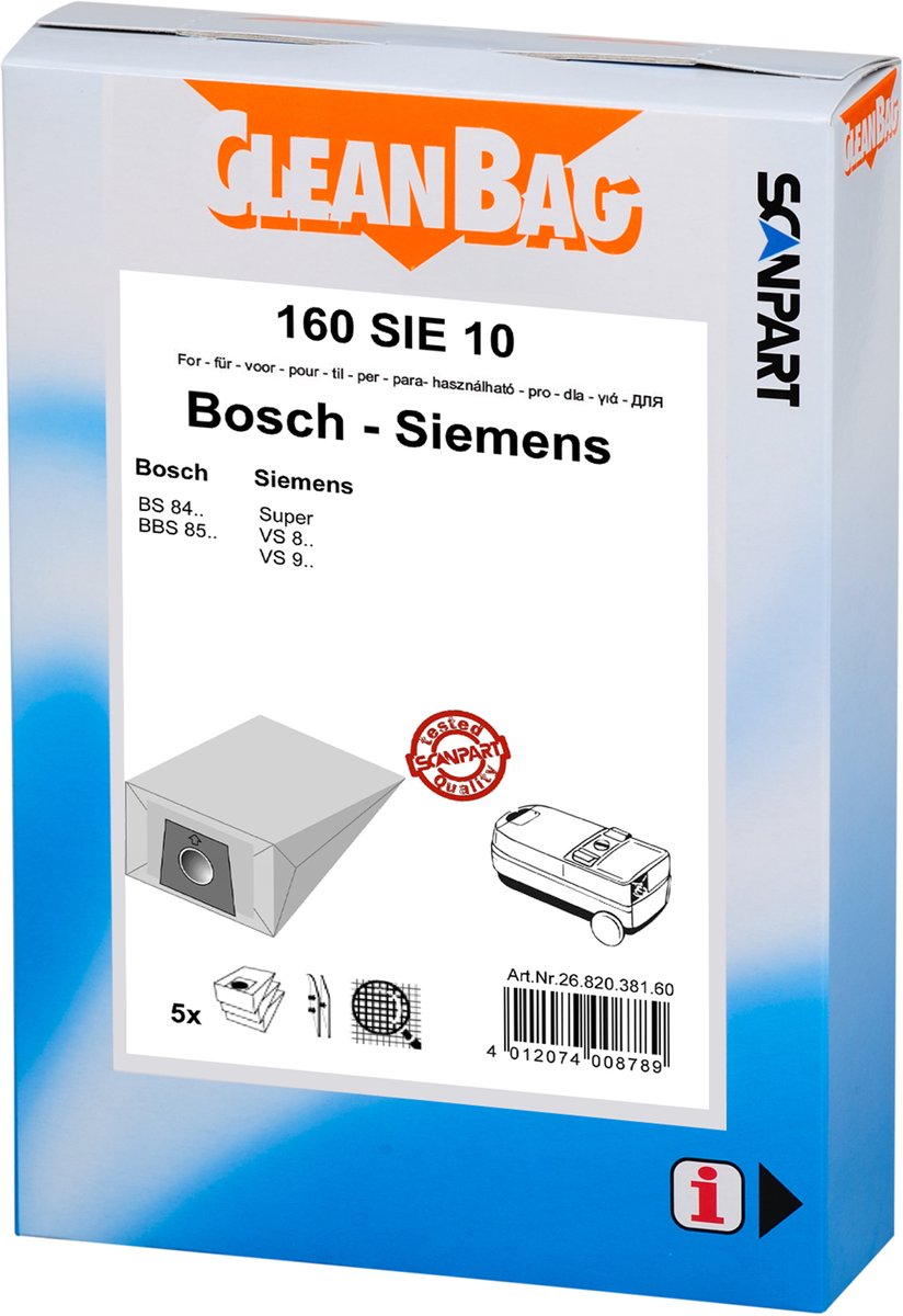 CleanBag stofzakken voor de Bosch / Siemens, VS8, VS90, BS84, BS85 en Solida series
