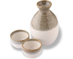 Japanse traditionele Mino Ware keramische sake-set, Tokkuri-sakefles en 2 Ochoko Guinomi-sakebekers, Beige Shark Bokashi,
