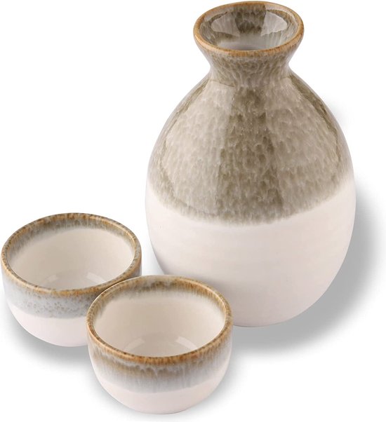 Japanse traditionele Mino Ware keramische sake-set, Tokkuri-sakefles en 2 Ochoko Guinomi-sakebekers, Beige Shark Bokashi,