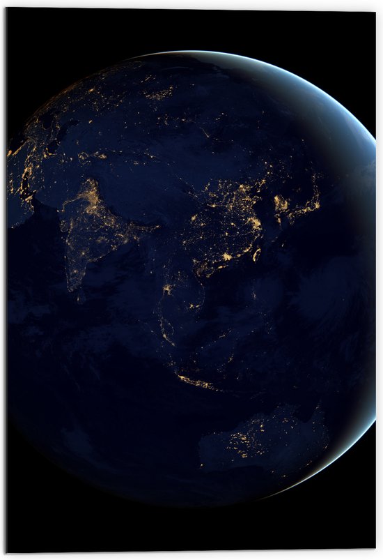 Dibond - Azië op de Wereldbol vanuit het Heelal - 70x105 cm Foto op Aluminium (Met Ophangsysteem)