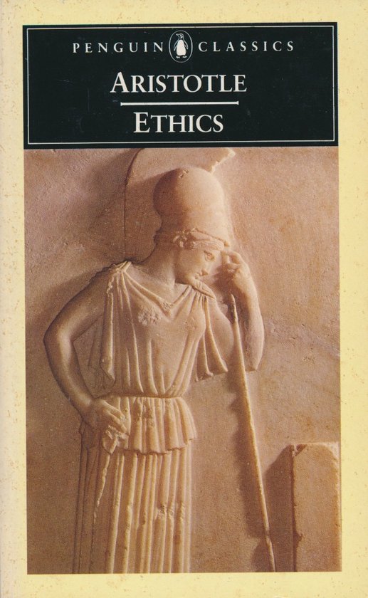 Boek "Ethics" van Aristotle, met een afbeelding van een klassiek beeldhouwwerk.
